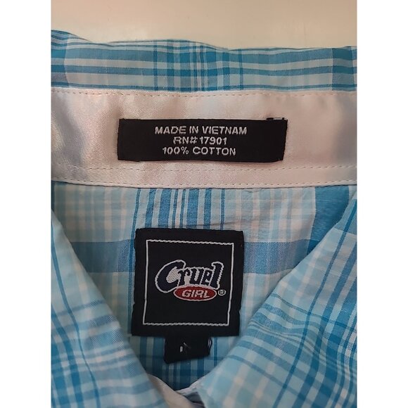 Cruel Girl Western Shirt Large Long Sleeve Pearl Snap Blue Plaid - Picture 7 of 11